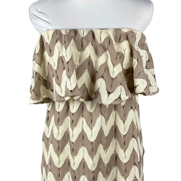 JUDITH MARCH ANTHROPOLOGIE Mini Dress Chevron Boho Crochet Lace Ivory Tan sz L - Picture 5 of 13